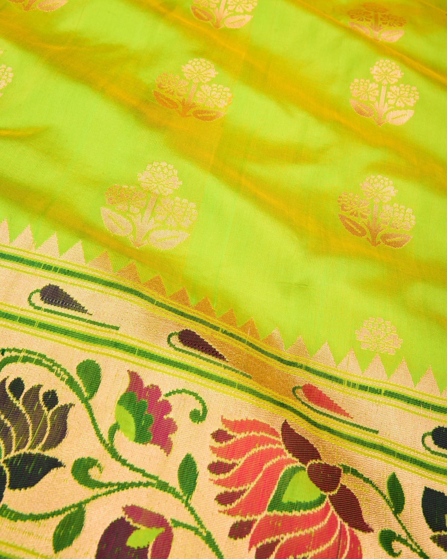 Sunny Green Banarasi Paithani Brocade Handwoven Katan Silk Saree - By HolyWeaves, Benares