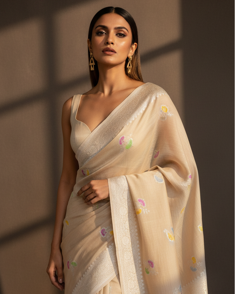 Textured Beige Silver Zari Meenakari Flower Buta Tasar Georgette Banarasi Saree