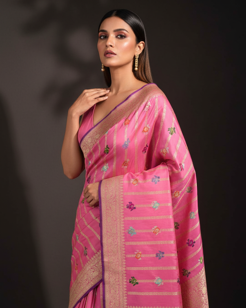 Thulian Pink Gold Zari Stripes Meenakari Gulab Katan Silk Saree — Editorial
