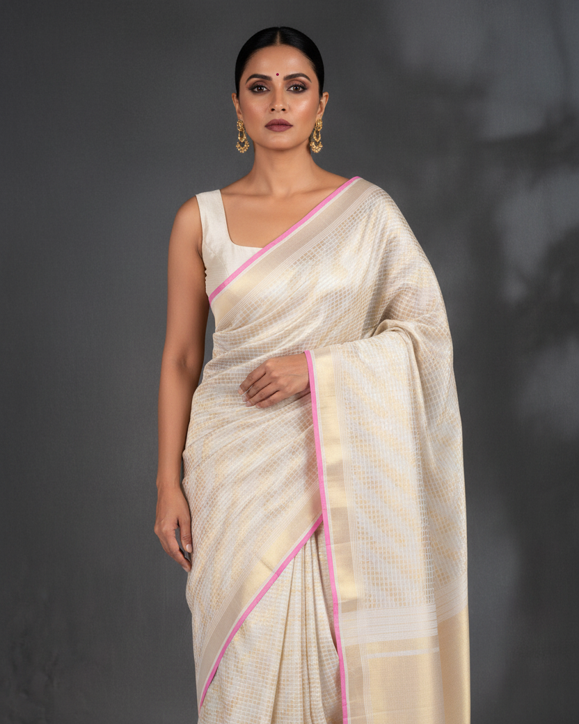 White Banarasi Chequered Grid Katan Silk Saree Editorial