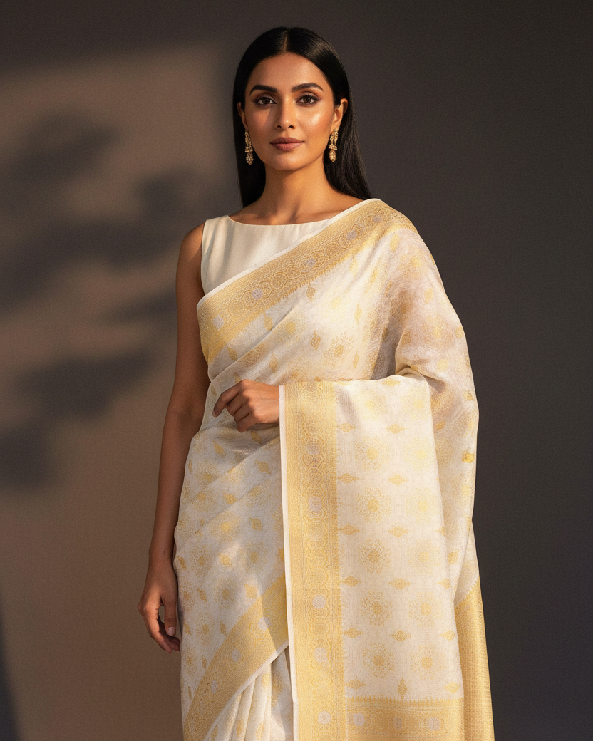 White Gold Silver Zari Khaddi Georgette Banarasi — Luxury Editorial