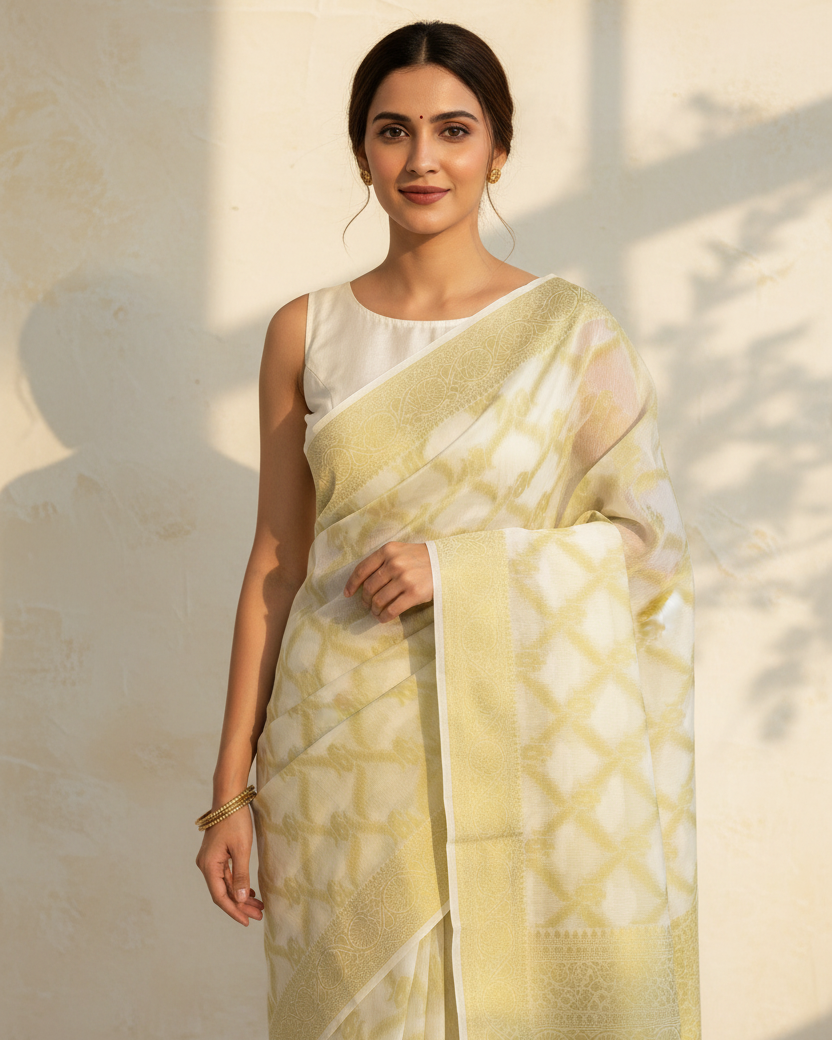 White Green Banarasi Resham Jaal Cutwork Cotton Silk Saree