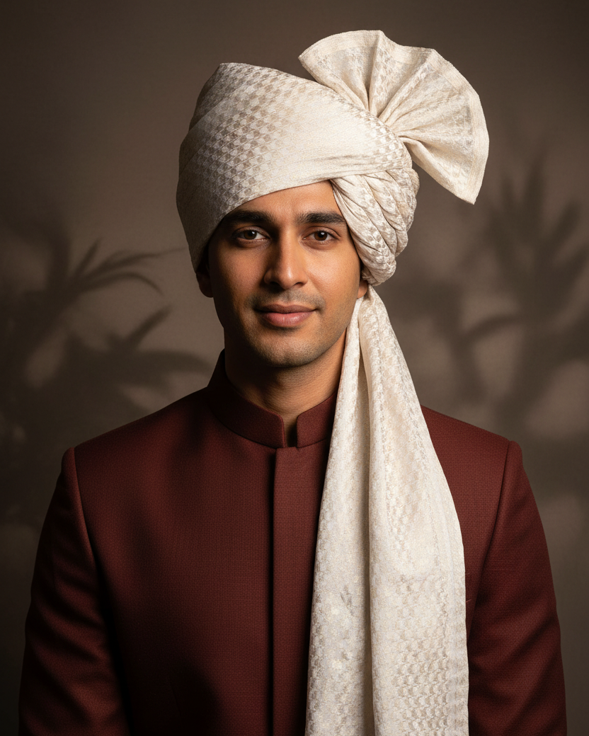 White Houndstooth Khaddi Georgette Safa — Crinkled Texture