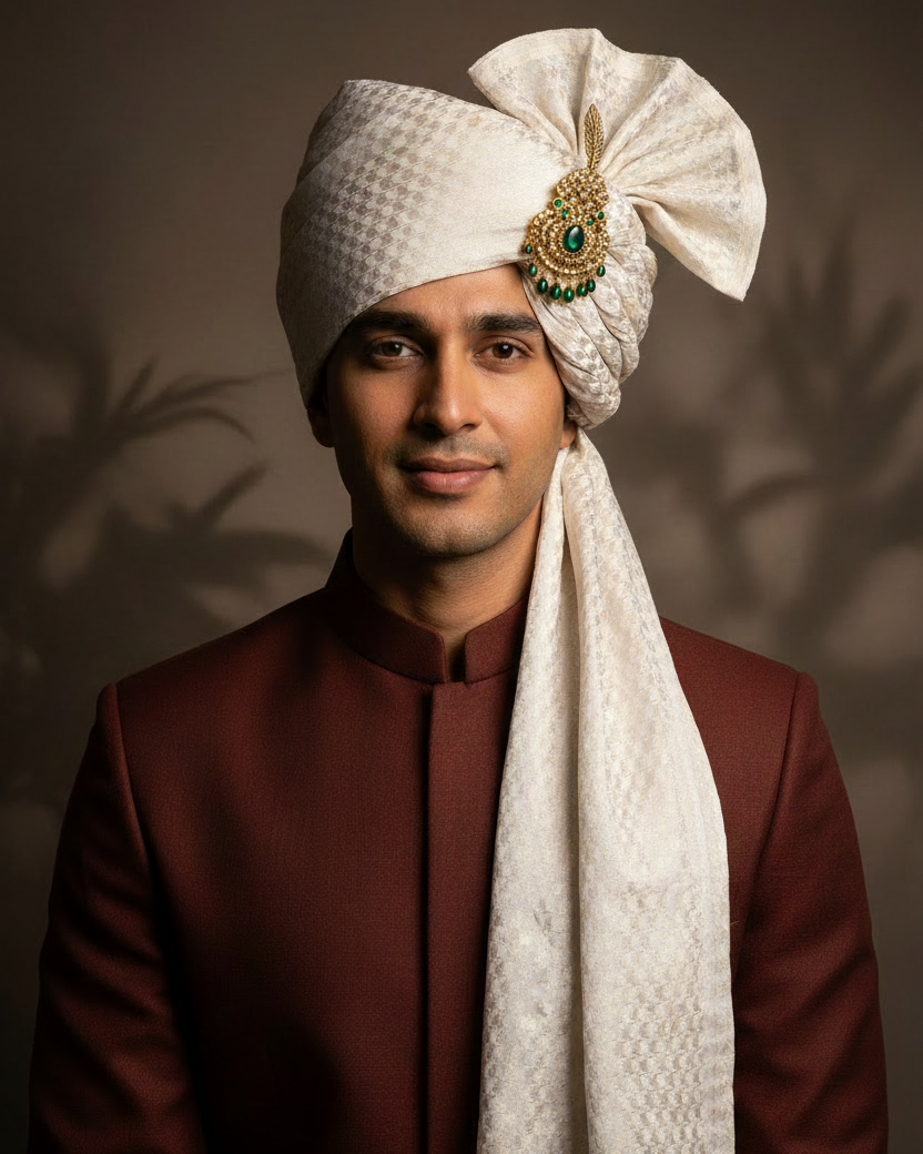 White Houndstooth Khaddi Georgette Safa — With Kalgi
