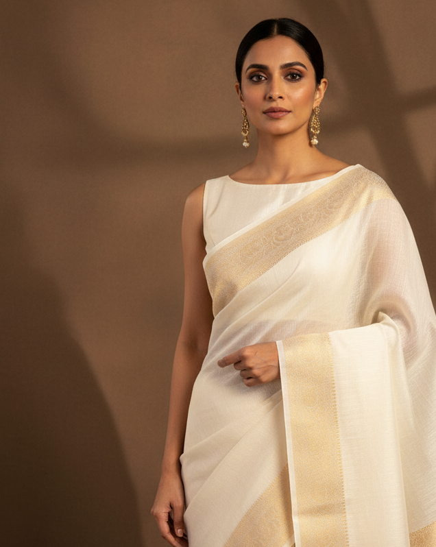 White Linen Silk Banarasi - Corrected Solid Gold Border