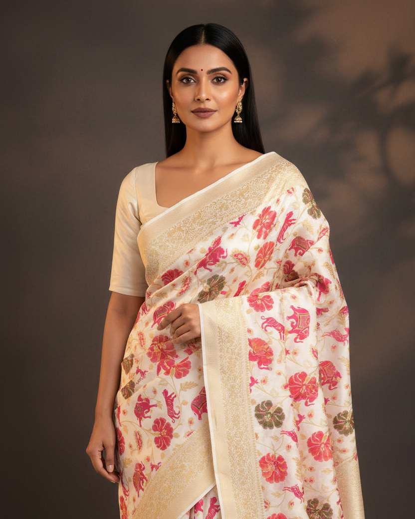 White Shikargah Katan Silk Banarasi — Luxury Editorial