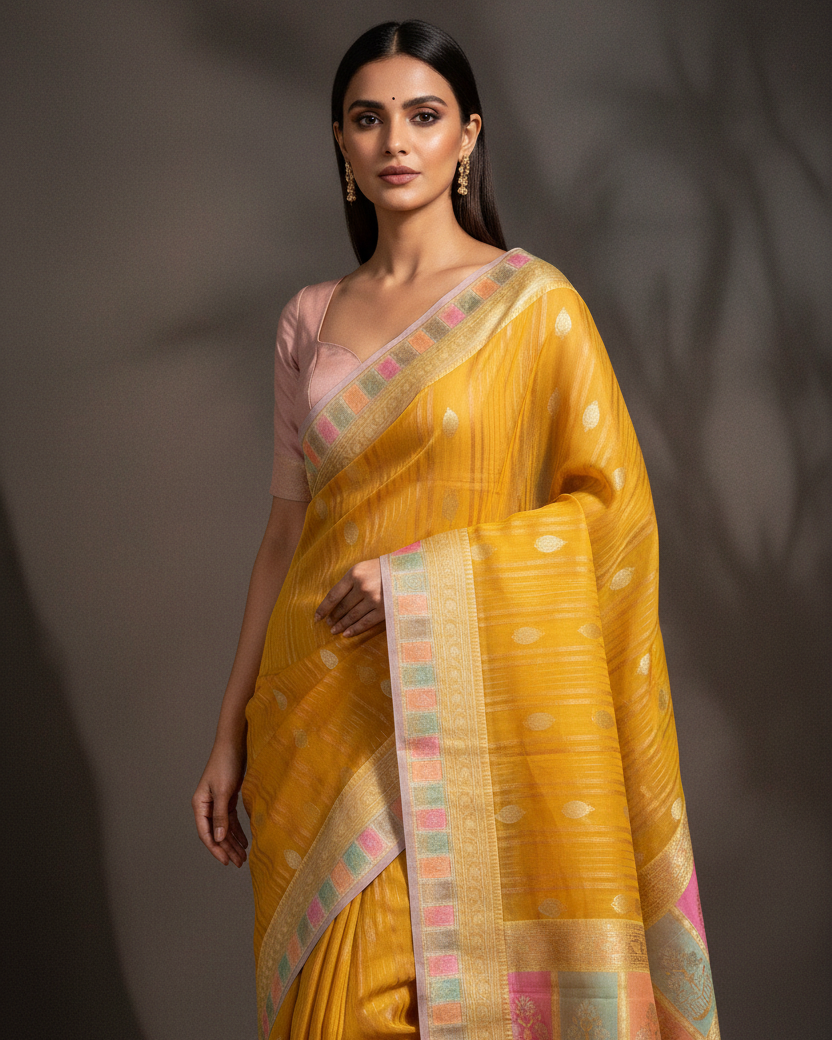 Yellow Kora Silk Banarasi Saree — Luxury Editorial