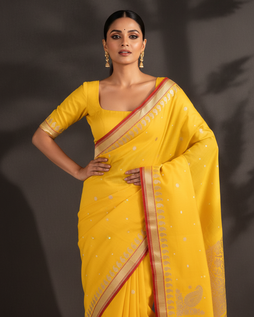Yellow Pitambari Gold Silver Zari Buti Cotton Banarasi Saree — Editorial
