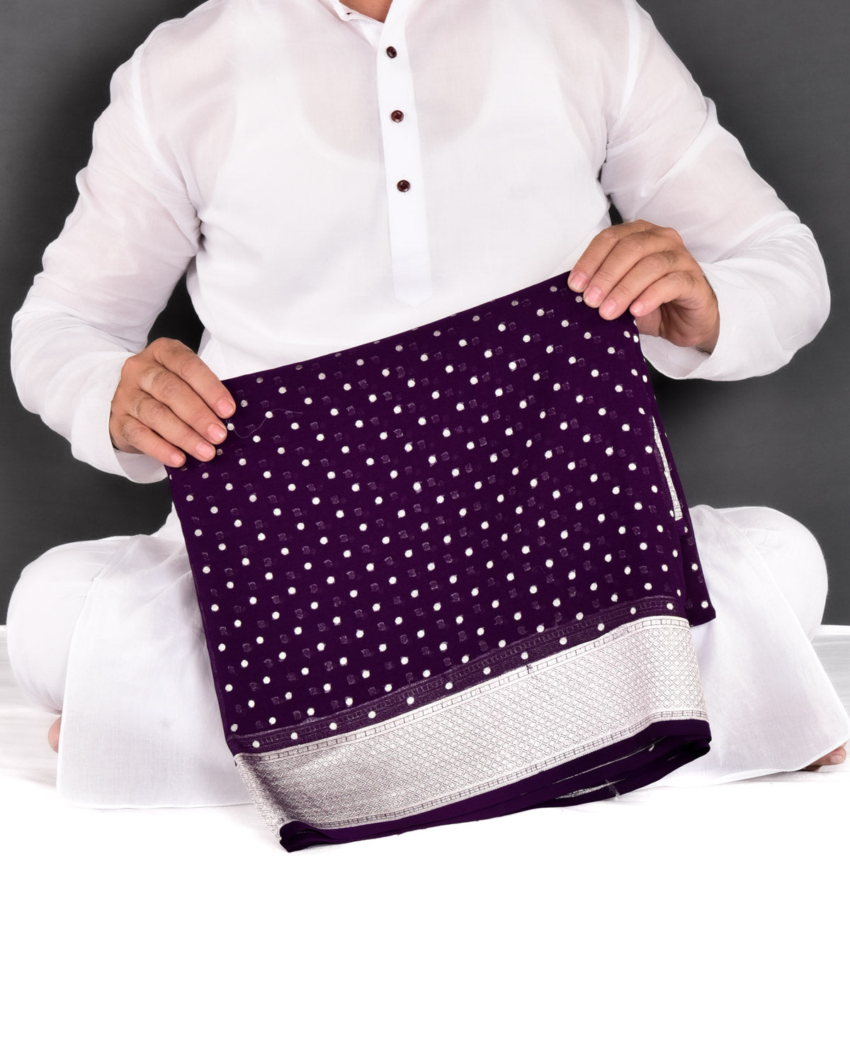 Purple Banarasi Silver Zari Polka Buti Cutwork Brocade Handwoven Khaddi Georgette Saree - By HolyWeaves, Benares