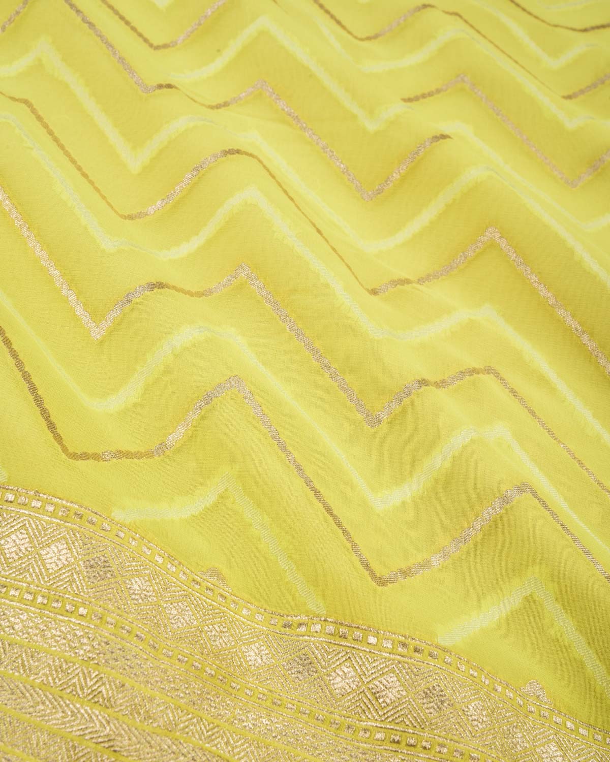 Lime Green Banarasi Zari & Resham Chevron Cutwork Brocade Handwoven Khaddi Georgette Saree - By HolyWeaves, Benares