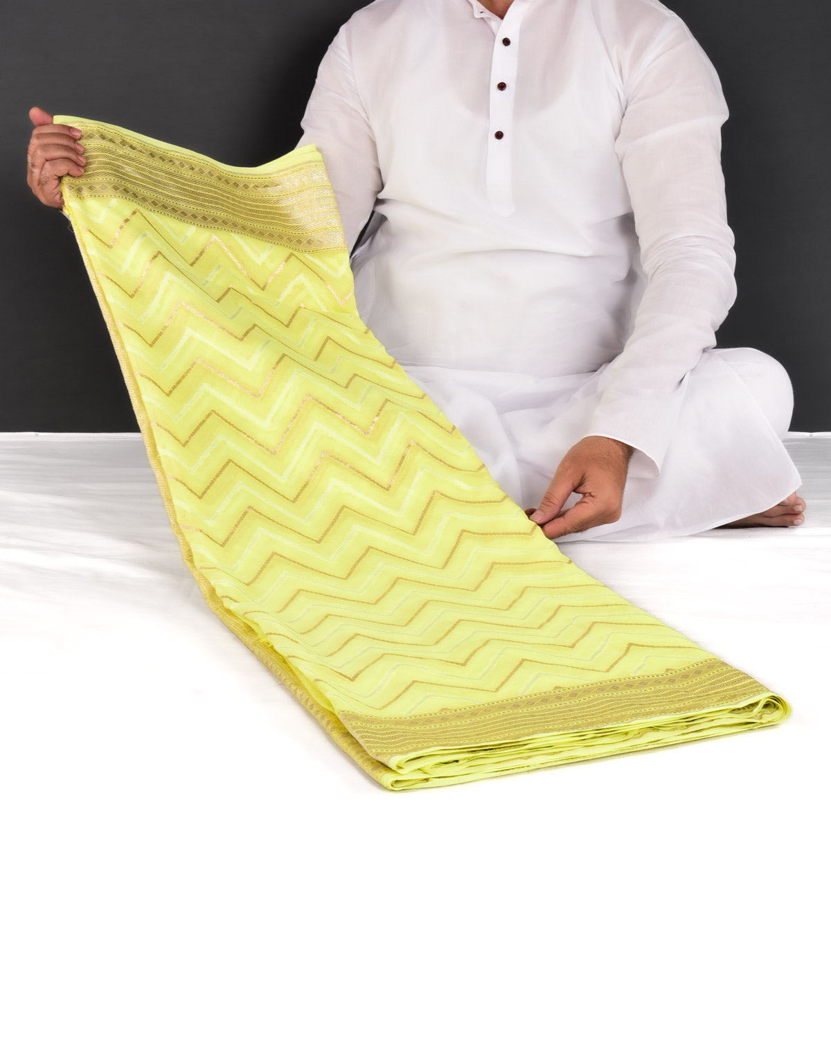 Lime Green Banarasi Zari & Resham Chevron Cutwork Brocade Handwoven Khaddi Georgette Saree - By HolyWeaves, Benares