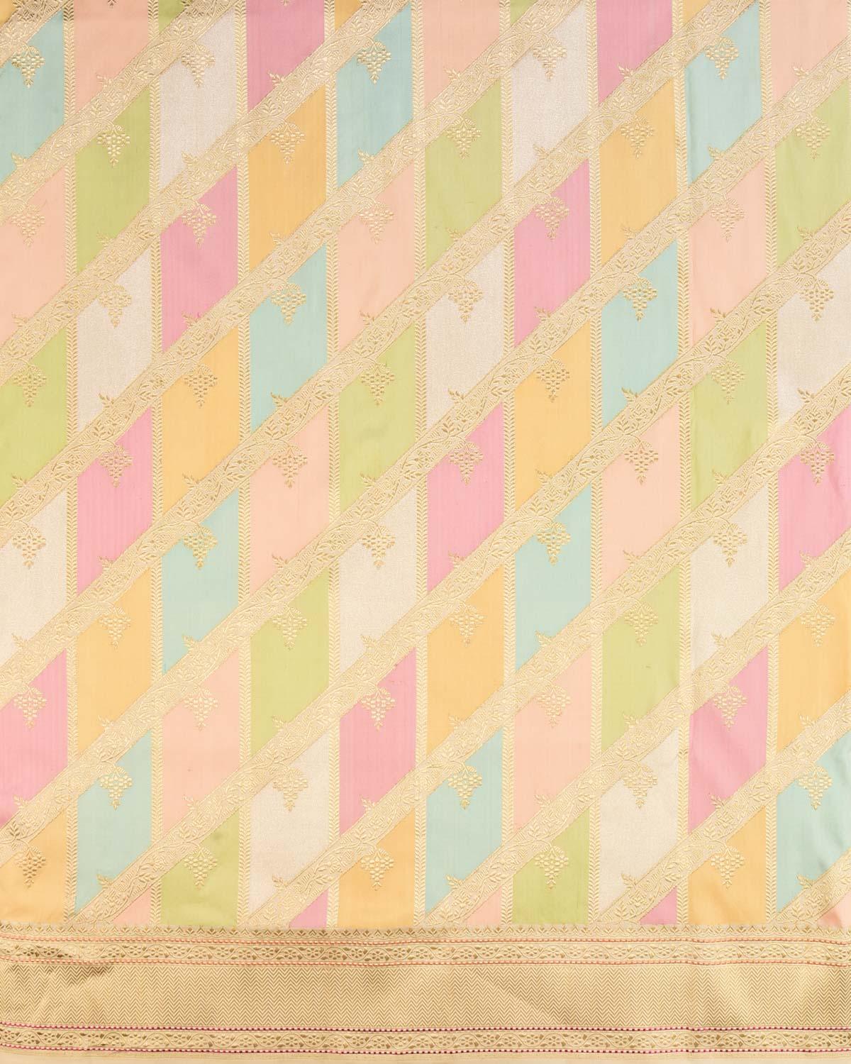 Multi-color Banarasi Diagonal Stripes Color-Block Rangkaat Handwoven Katan Silk Saree - By HolyWeaves, Benares