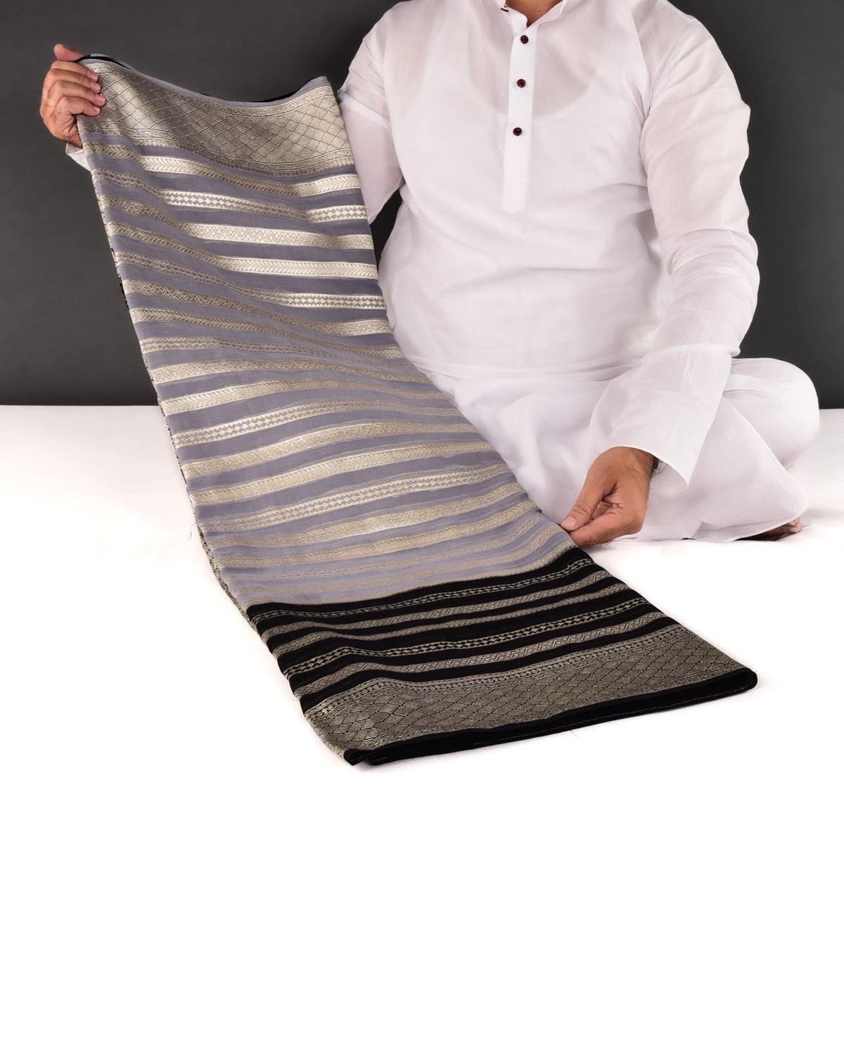 Grey-Black Banarasi Gold Zari Stripes Cutwork Brocade Handwoven Khaddi Georgette Saree - By HolyWeaves, Benares