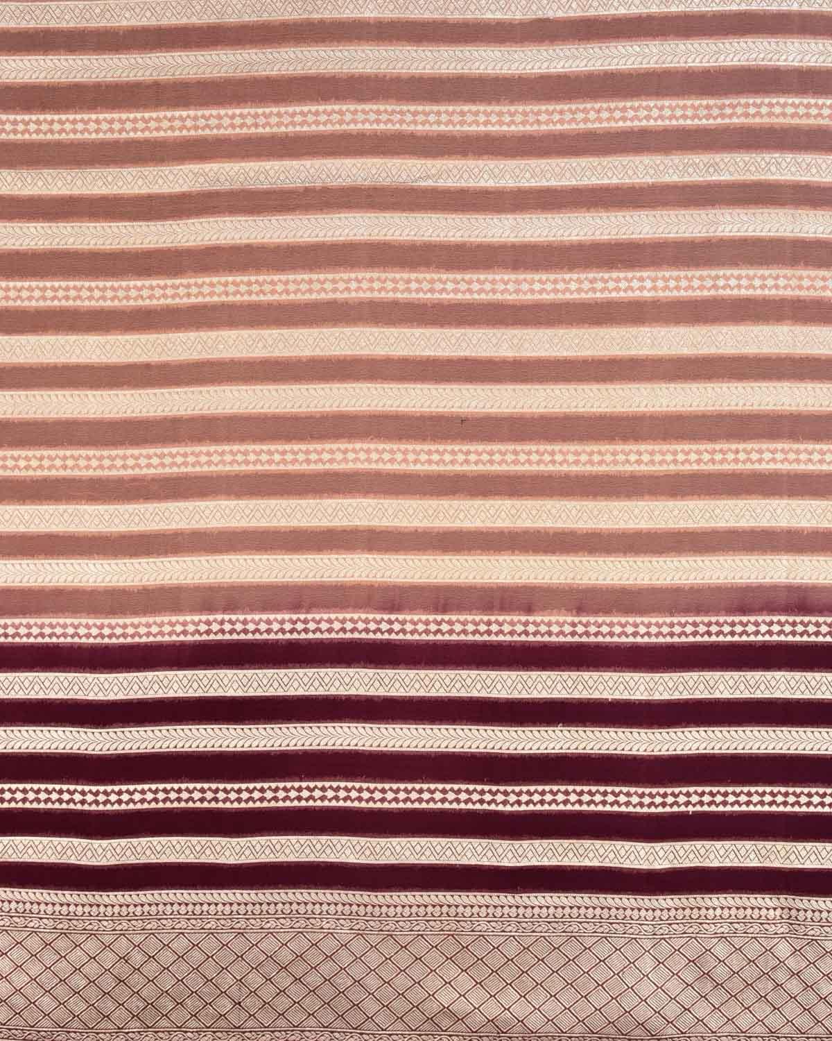 Shaded Brown Banarasi Gold Zari Stripes Cutwork Brocade Handwoven Khaddi Georgette Saree - By HolyWeaves, Benares