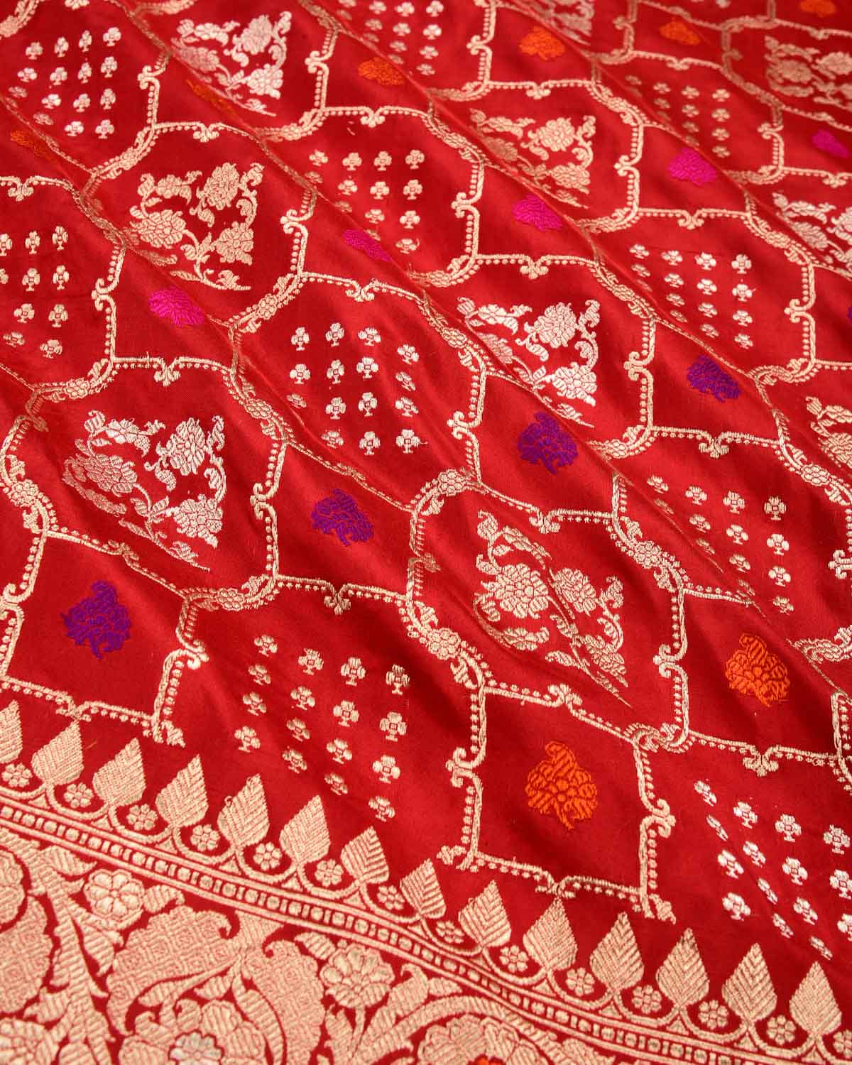 Bridal Red Banarasi Gold Zari & Resham Meena Gharchola Kadhuan Brocade Handwoven Katan Silk Saree - By HolyWeaves, Benares