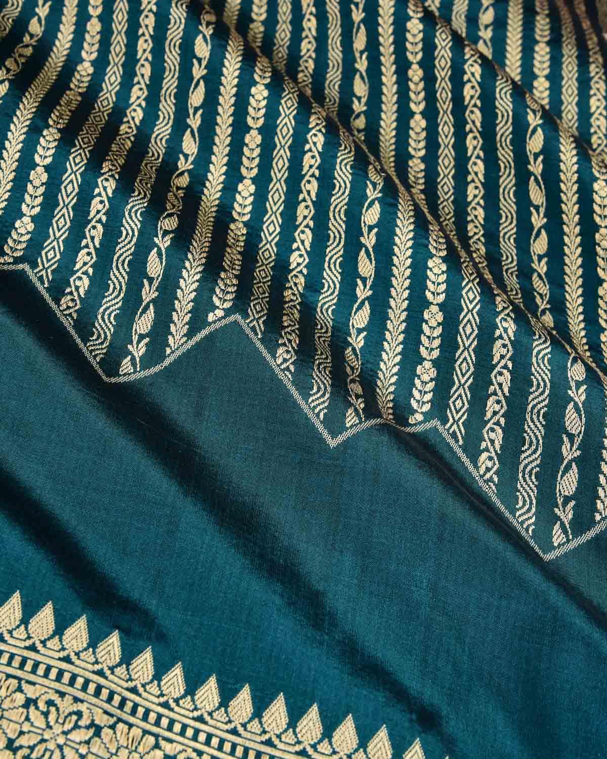 Sacramento Green Banarasi Soft Gold Zari Ornament Stripes Cutwork Brocade Handwoven Katan Silk Saree - By HolyWeaves, Benares