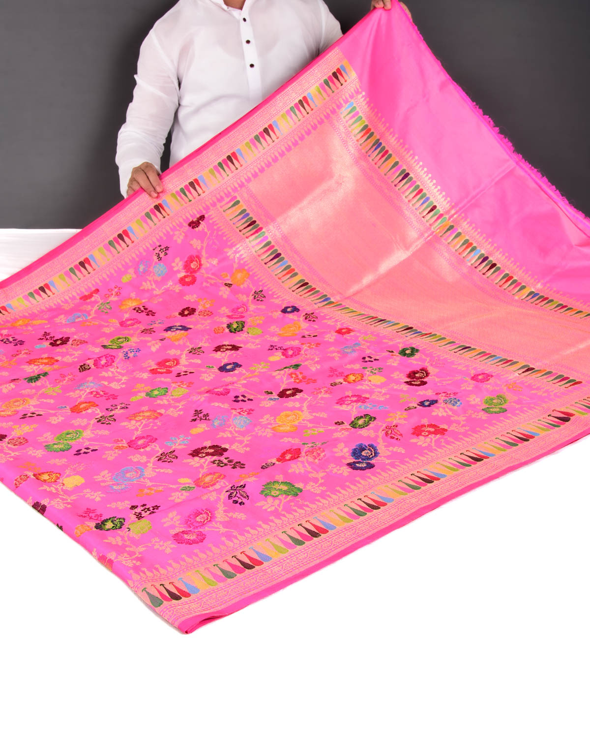 Pink Banarasi "Hues of Nature" Kadhuan Brocade Handwoven Katan Silk Saree - By HolyWeaves, Benares