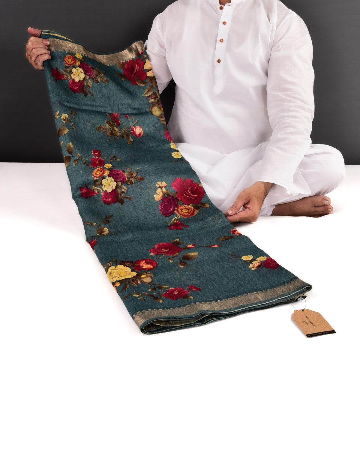 Marengo Gray Floral Printed Muga Silk Saree with Zari Brocade Border - By HolyWeaves, Benares