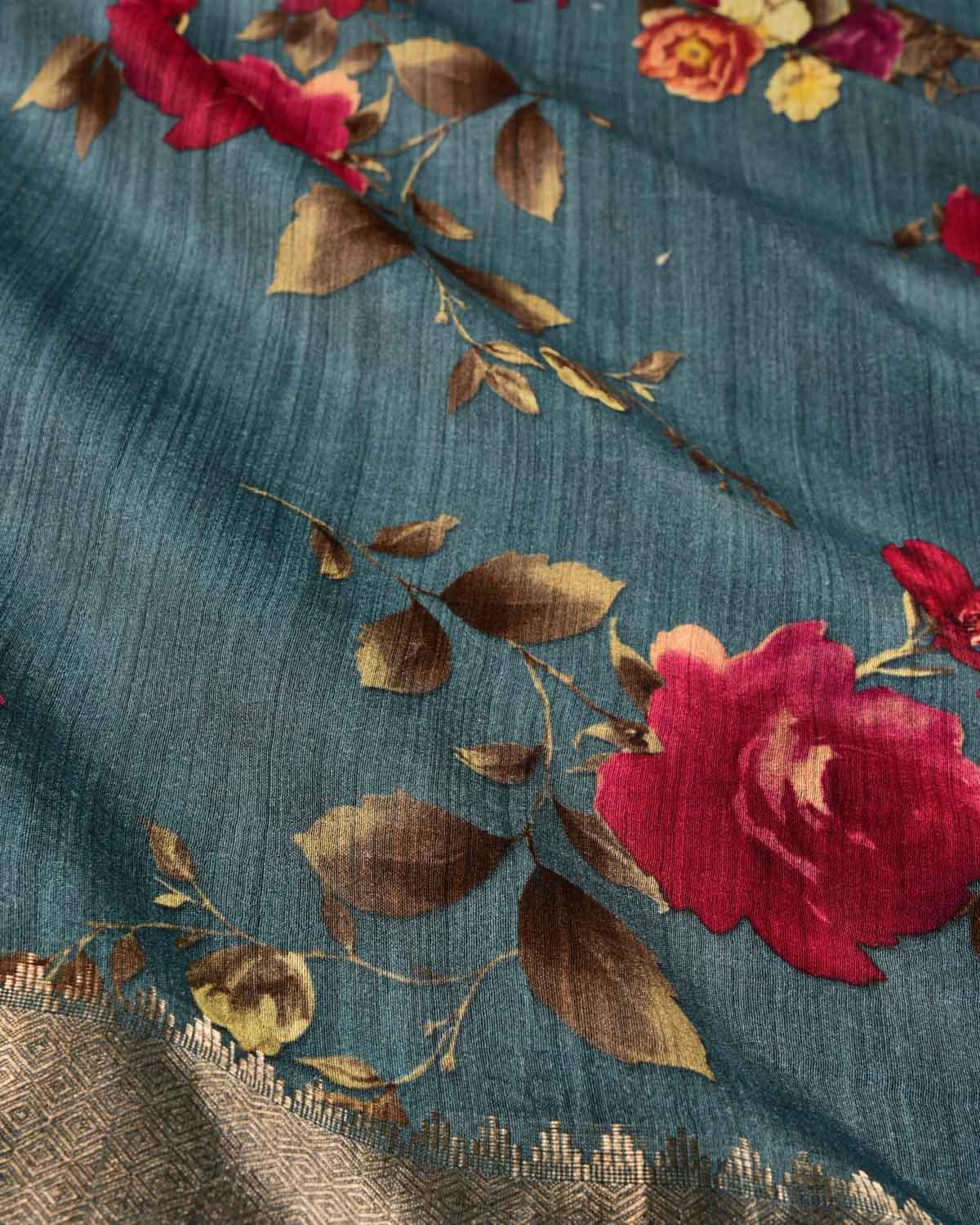 Marengo Gray Floral Printed Muga Silk Saree with Zari Brocade Border - By HolyWeaves, Benares