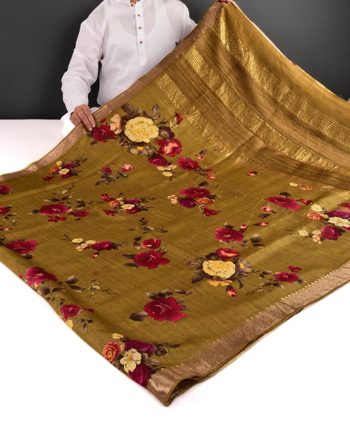 Mustard Yellow Floral Printed Muga Silk Saree with Zari Brocade Border - By HolyWeaves, Benares