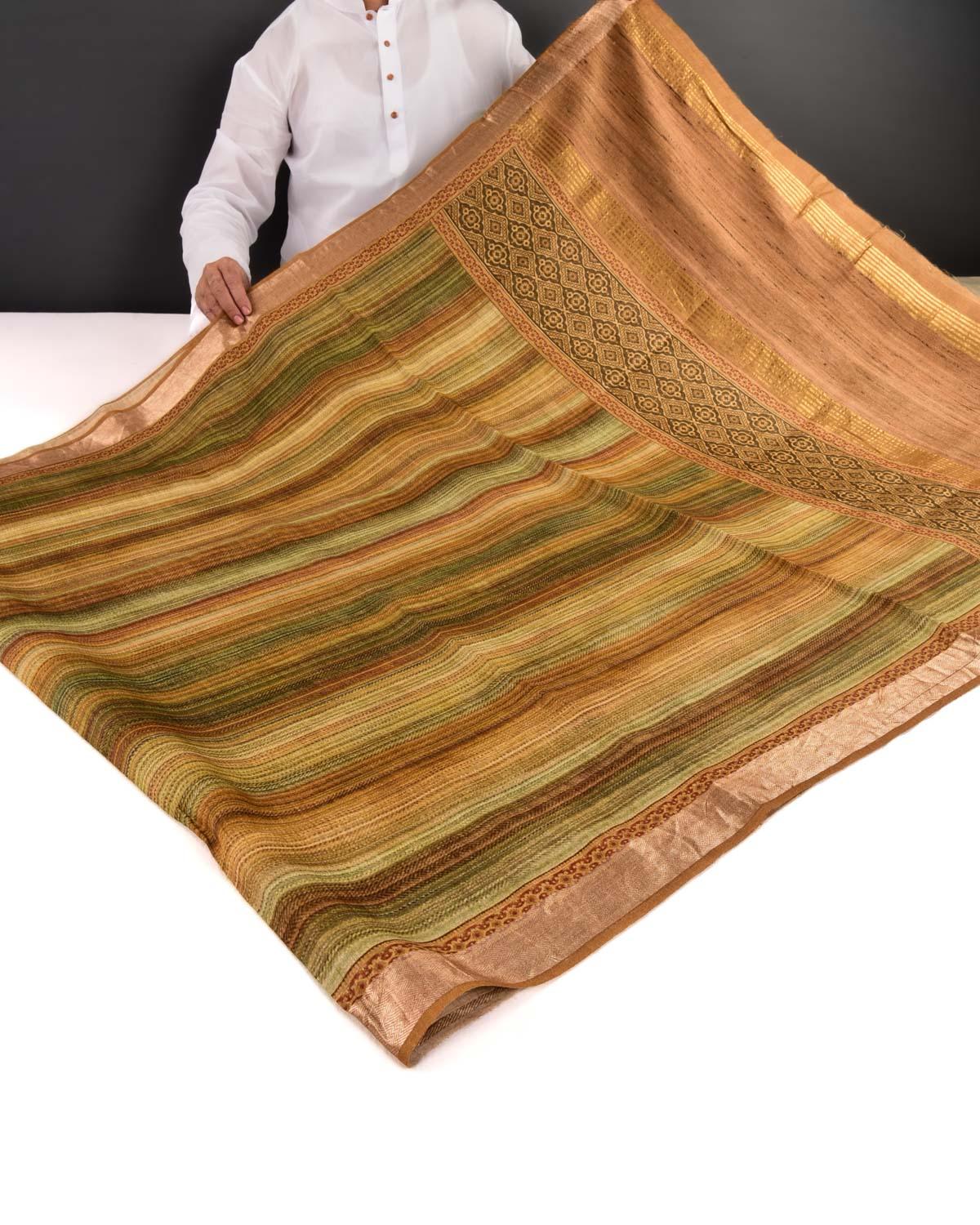 Multi-color Horizontal Stripes Printed Muga Silk Saree with Zari Brocade Border - By HolyWeaves, Benares