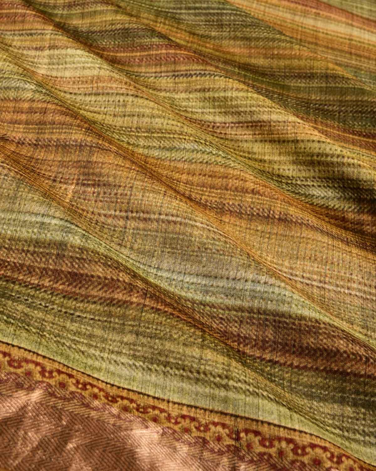 Multi-color Horizontal Stripes Printed Muga Silk Saree with Zari Brocade Border - By HolyWeaves, Benares