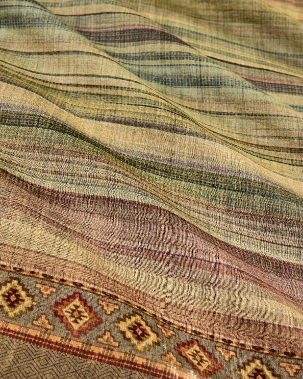 Multi Green Horizontal Stripes Printed Muga Silk Saree with Zari Brocade Border - By HolyWeaves, Benares