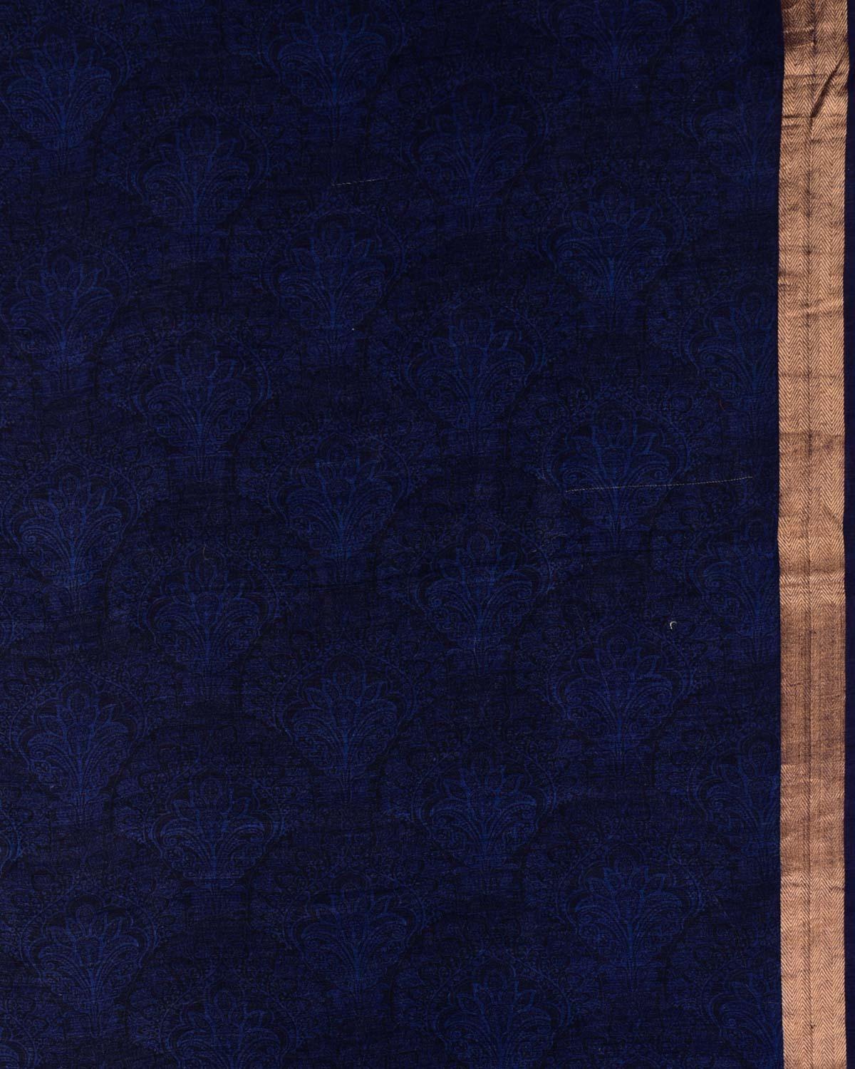 Blue Painting Blocks Printed Muga Silk Saree with Zari Brocade Border - By HolyWeaves, Benares