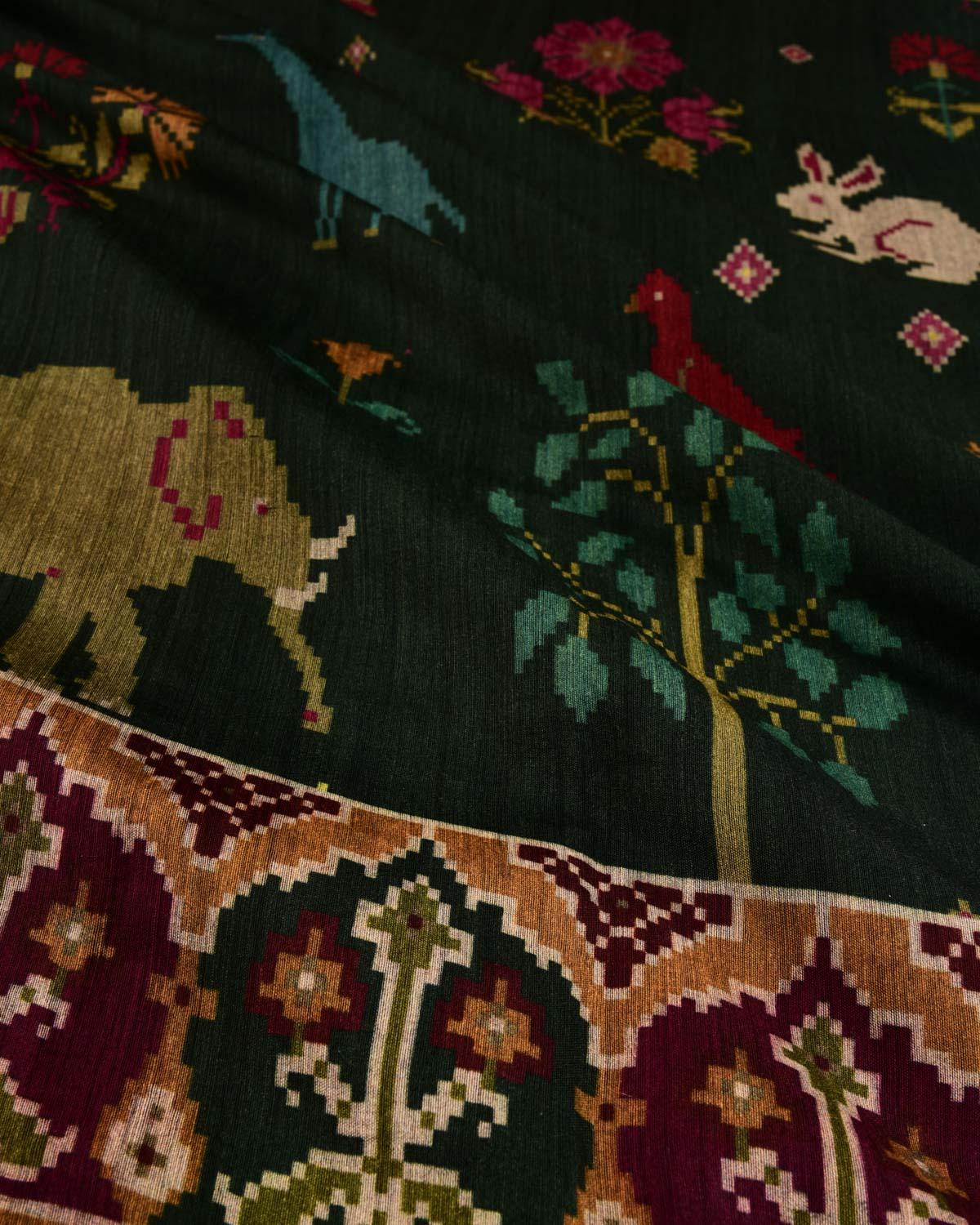Midnight Green Flora & Fauna Printed Muga Silk Saree with Zari Brocade Border - By HolyWeaves, Benares
