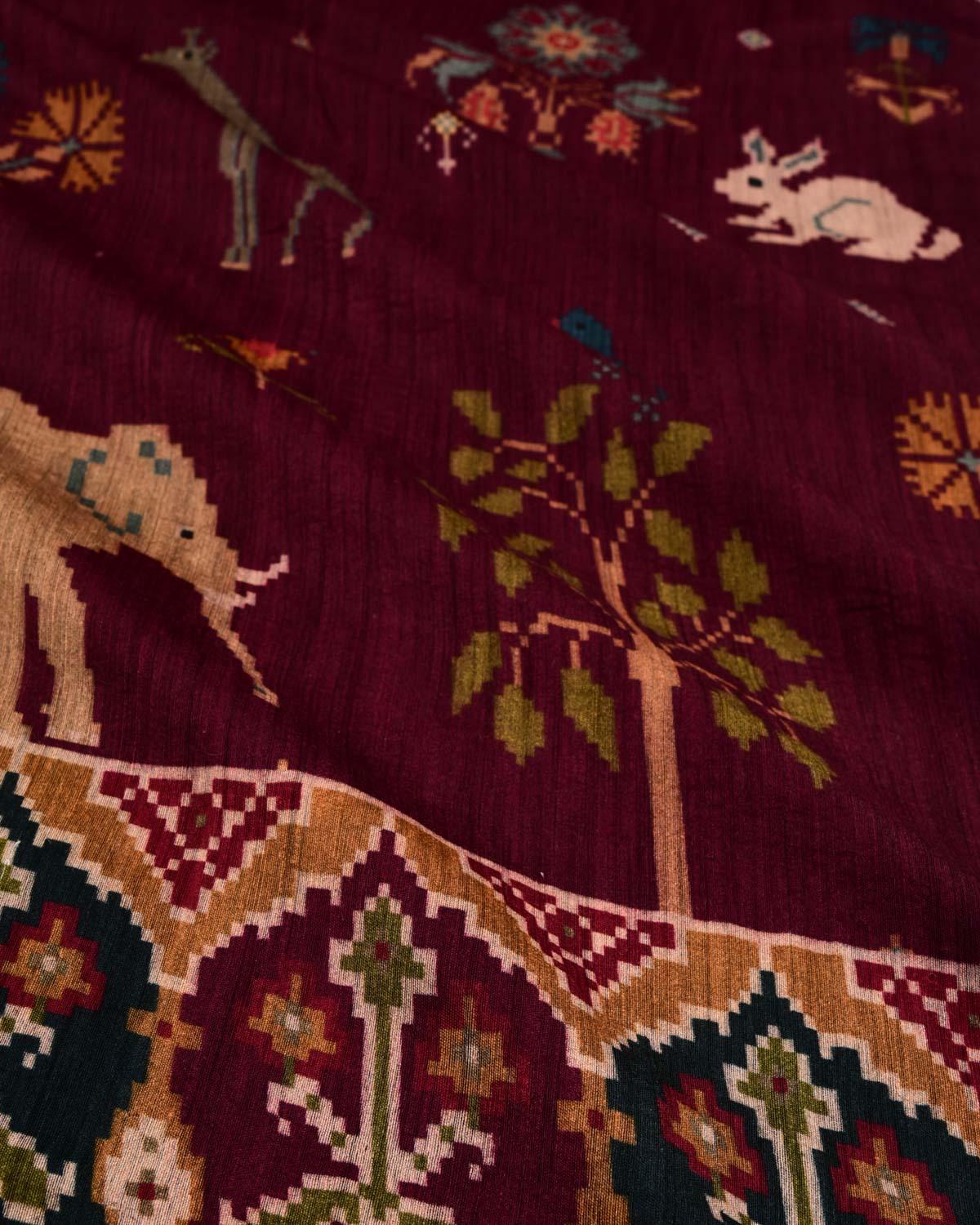 Maroon Flora & Fauna Printed Muga Silk Saree with Zari Brocade Border - By HolyWeaves, Benares