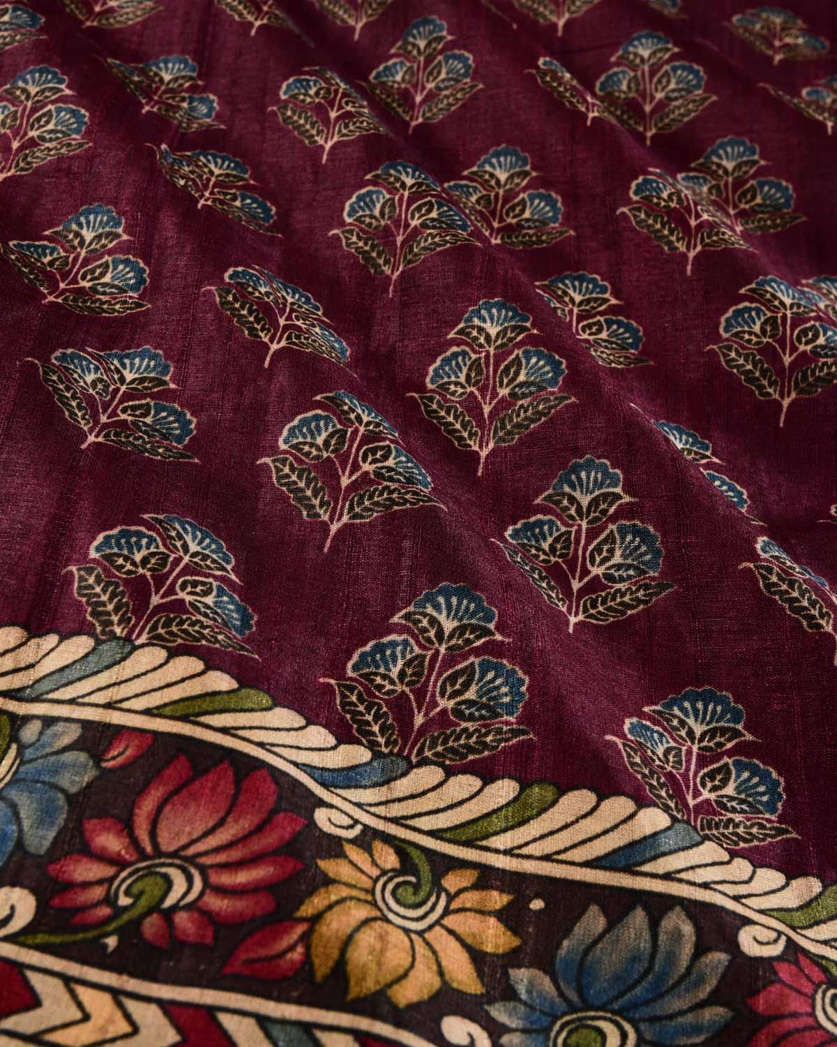 Maroon Floral Buti Printed Tasar Silk Saree - By HolyWeaves, Benares