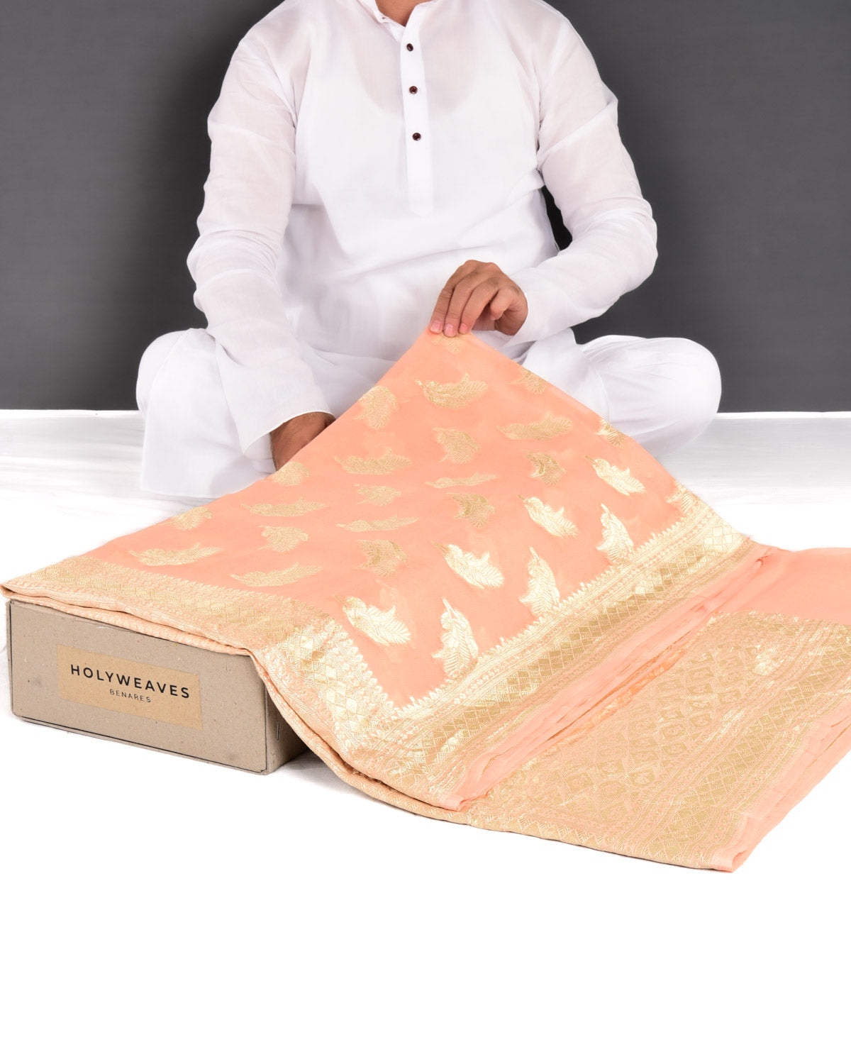 Peach Banarasi Gold Zari Leaf Buti Cutwork Brocade Handwoven Khaddi Georgette Saree - By HolyWeaves, Benares