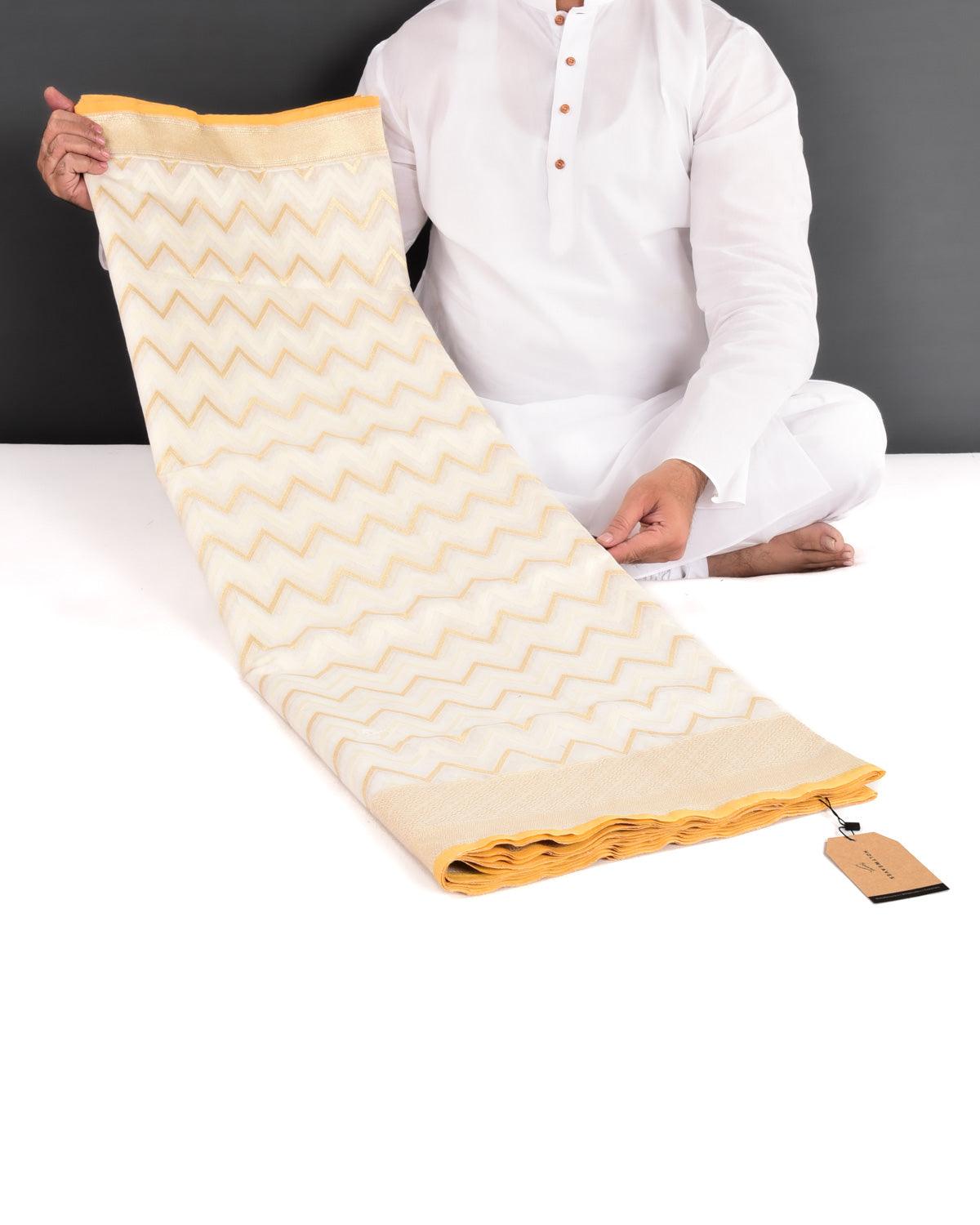 White Banarasi Resham & Gold Zari Chevron Cutwork Brocade Handwoven Cotton Silk Saree - By HolyWeaves, Benares