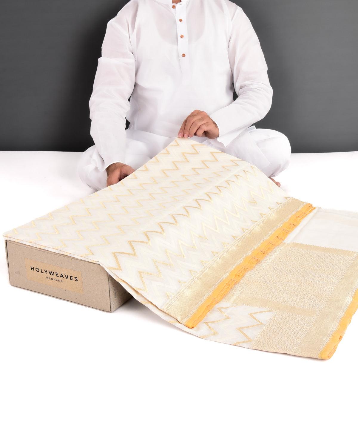 White Banarasi Resham & Gold Zari Chevron Cutwork Brocade Handwoven Cotton Silk Saree - By HolyWeaves, Benares