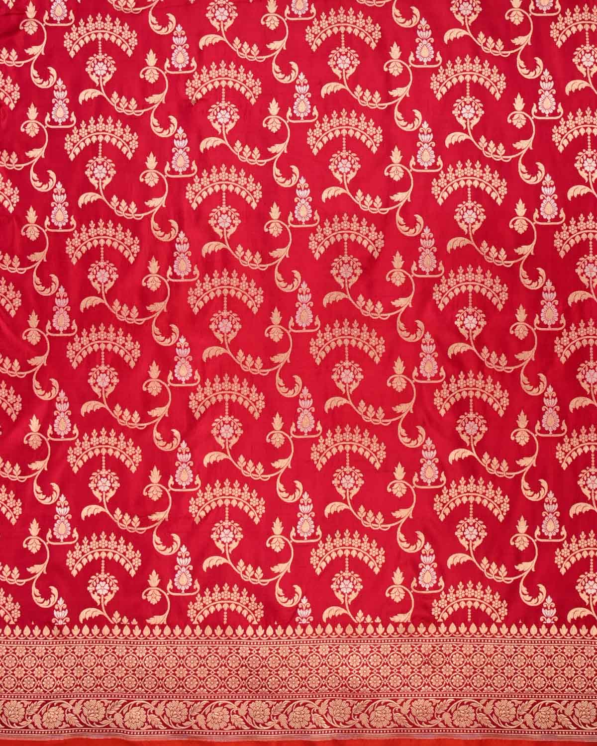 Shot Red Banarasi "Shringaar" Jaal Cutwork Brocade Handwoven Katan Silk Saree - By HolyWeaves, Benares