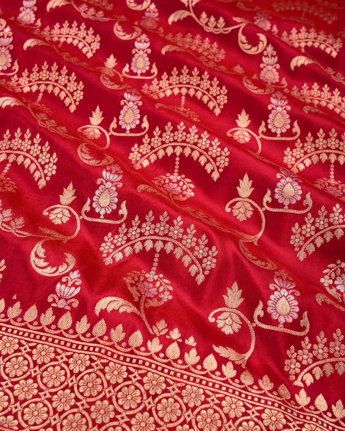 Shot Red Banarasi "Shringaar" Jaal Cutwork Brocade Handwoven Katan Silk Saree - By HolyWeaves, Benares