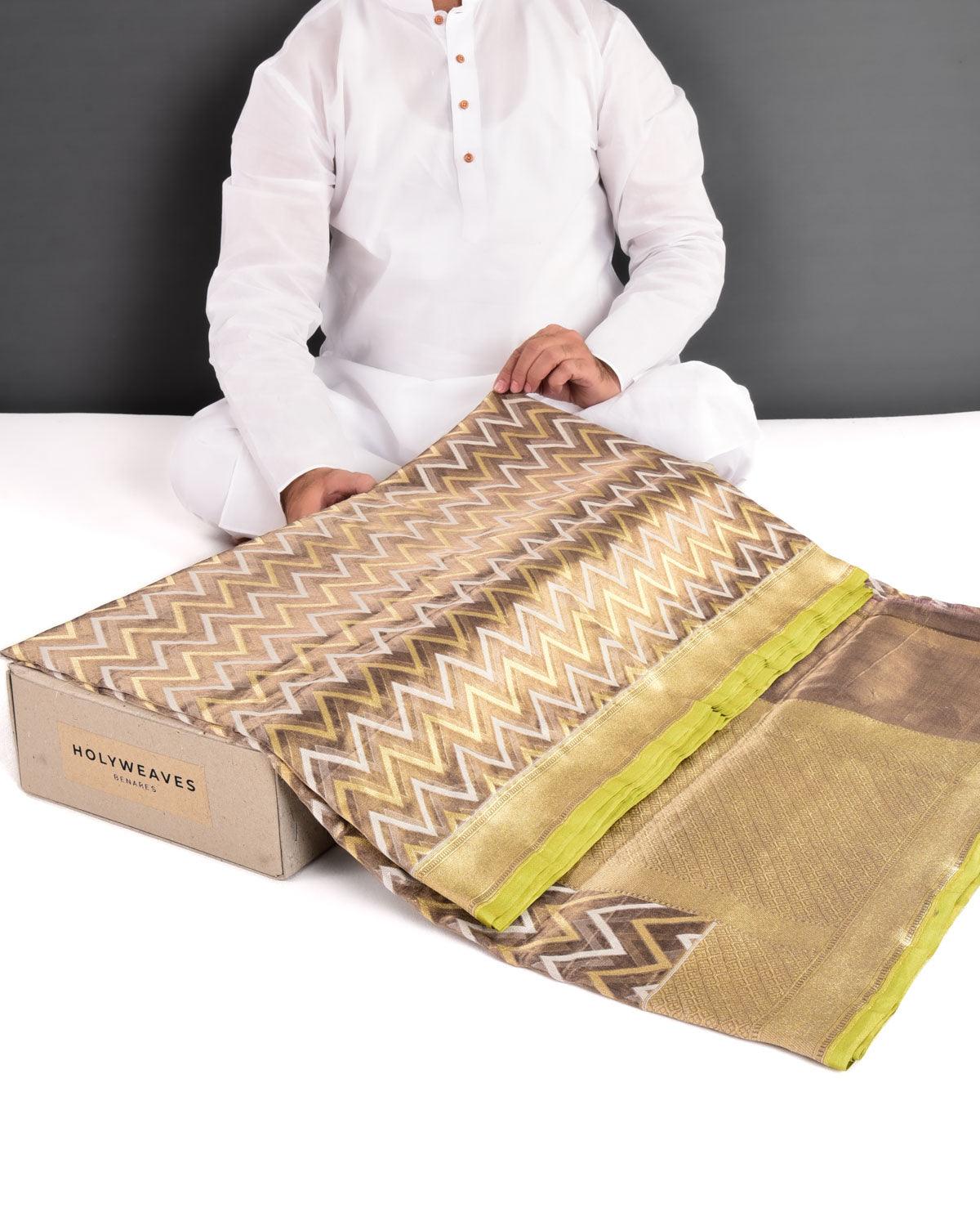 Metallic Brown Banarasi White Resham & Gold Zari Chevron Cutwork Brocade Handwoven Kora Tissue Saree - By HolyWeaves, Benares