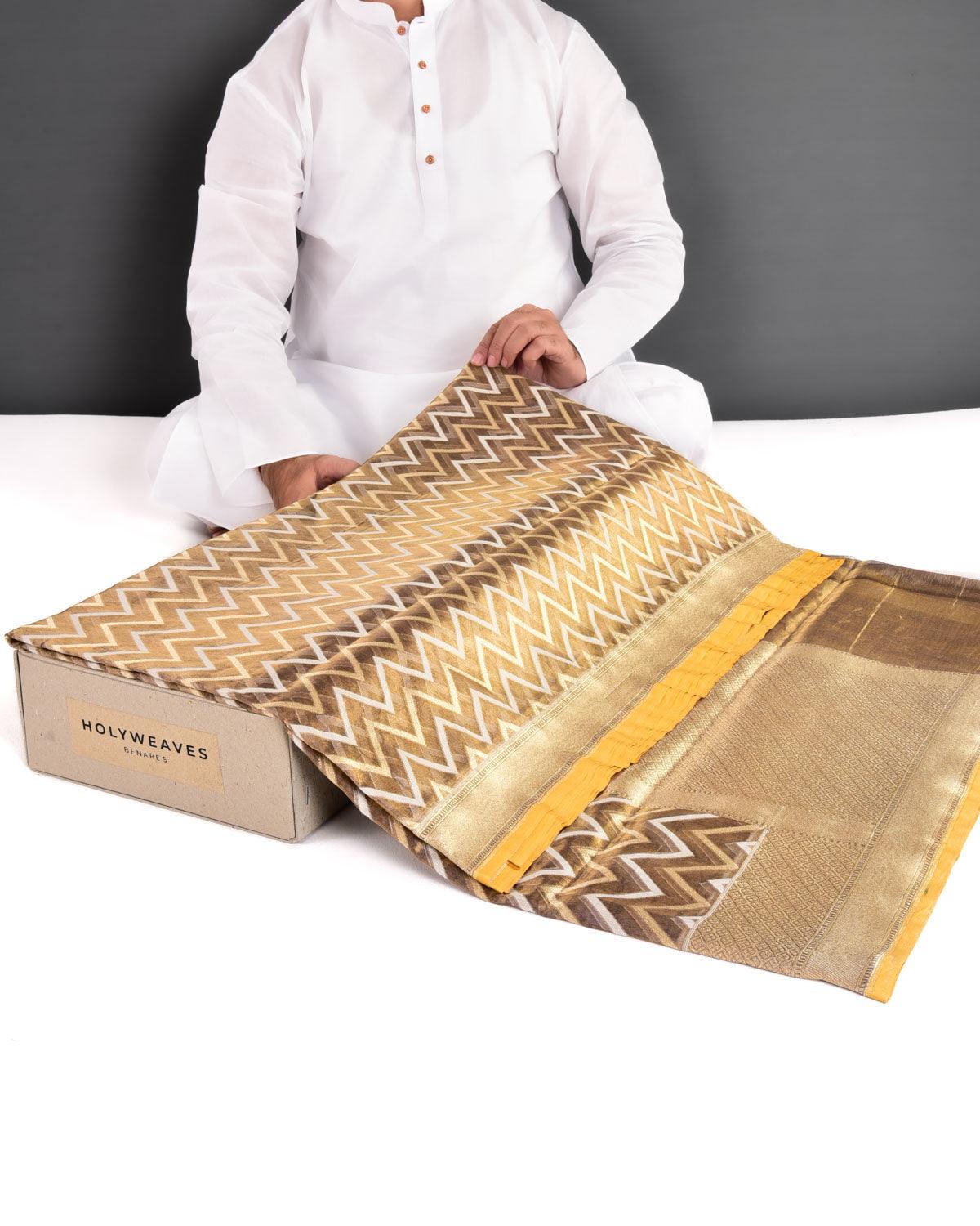 Metallic Brown Banarasi Gold Zari & White Resham Chevron Cutwork Brocade Handwoven Kora Tissue Saree - By HolyWeaves, Benares