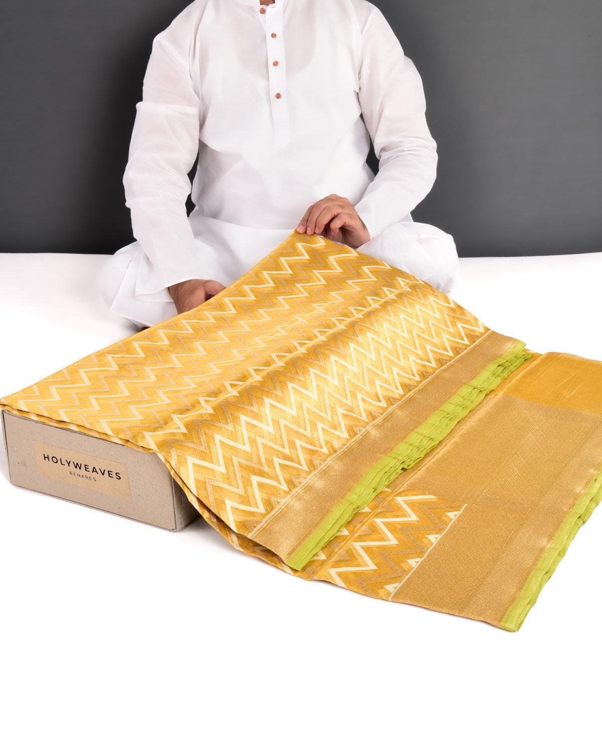 Metallic Yellow Banarasi Gold Zari & White Resham Chevron Cutwork Brocade Handwoven Kora Tissue Saree - By HolyWeaves, Benares