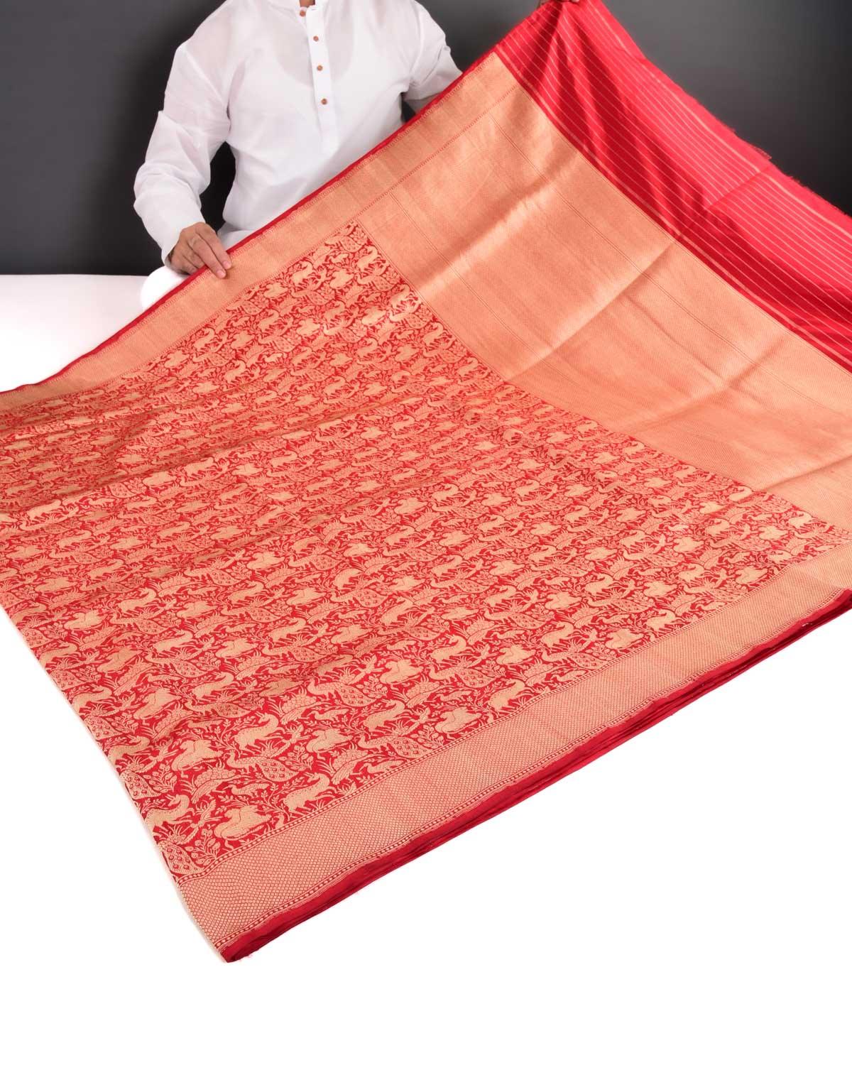 Bridal Red Banarasi Soft Gold Zari Shikargah Brocade Handwoven Katan Silk Saree - By HolyWeaves, Benares