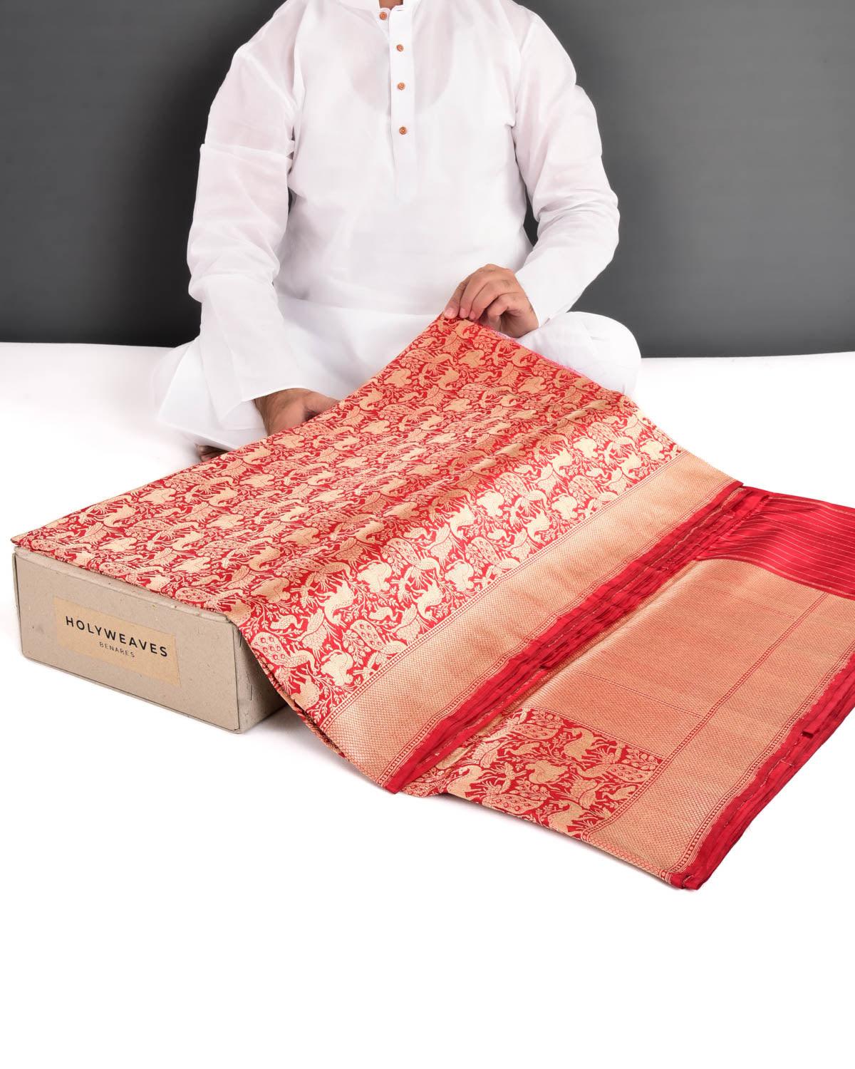 Bridal Red Banarasi Soft Gold Zari Shikargah Brocade Handwoven Katan Silk Saree - By HolyWeaves, Benares