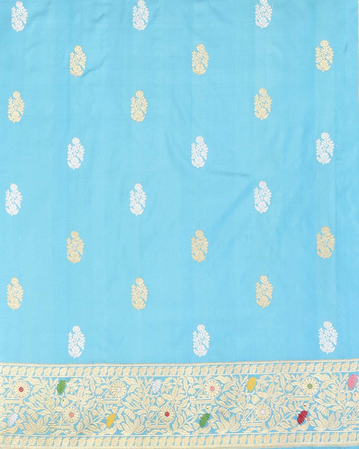 Carolina Blue Banarasi Gold & Silver Zari Buti Kadhuan Brocade Handwoven Katan Silk Saree with Meenekari Brocade Border Pallu - By HolyWeaves, Benares