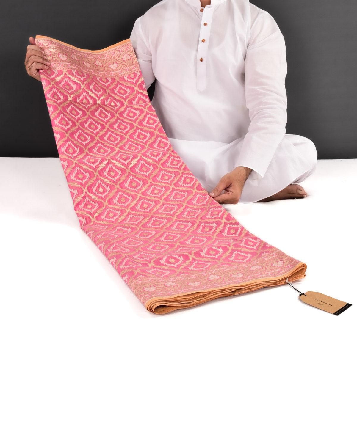 Pink Banarasi Gold Zari & White Resham Alfi Jangla Cutwork Brocade Handwoven Cotton Silk Saree - By HolyWeaves, Benares