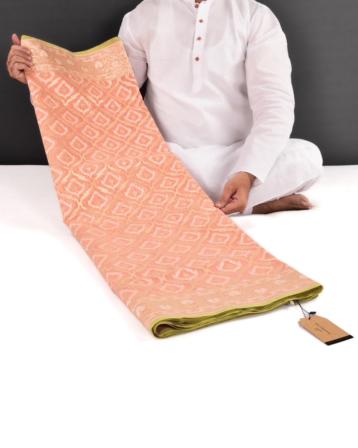 Peach Banarasi Gold Zari & White Resham Alfi Jangla Cutwork Brocade Handwoven Cotton Silk Saree - By HolyWeaves, Benares