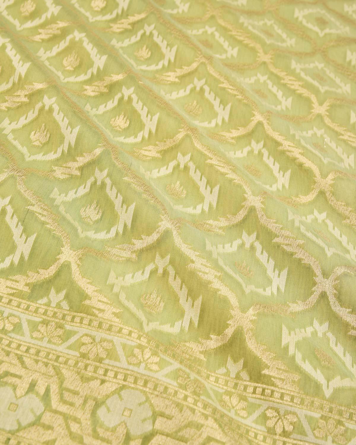 Green Banarasi Gold Zari & White Resham Alfi Jangla Cutwork Brocade Handwoven Cotton Silk Saree - By HolyWeaves, Benares