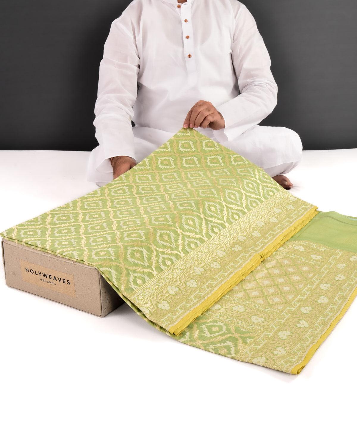 Green Banarasi Gold Zari & White Resham Alfi Jangla Cutwork Brocade Handwoven Cotton Silk Saree - By HolyWeaves, Benares