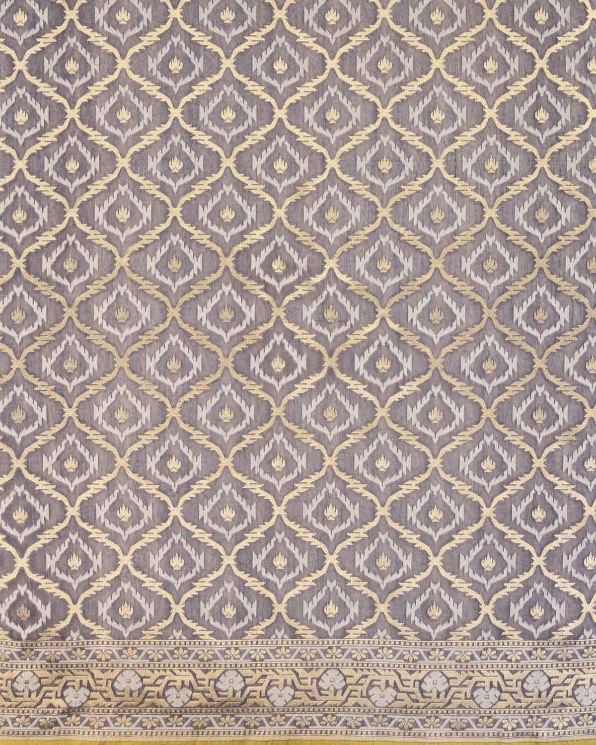 Gray Banarasi Gold Zari & White Resham Alfi Jangla Cutwork Brocade Handwoven Cotton Silk Saree - By HolyWeaves, Benares
