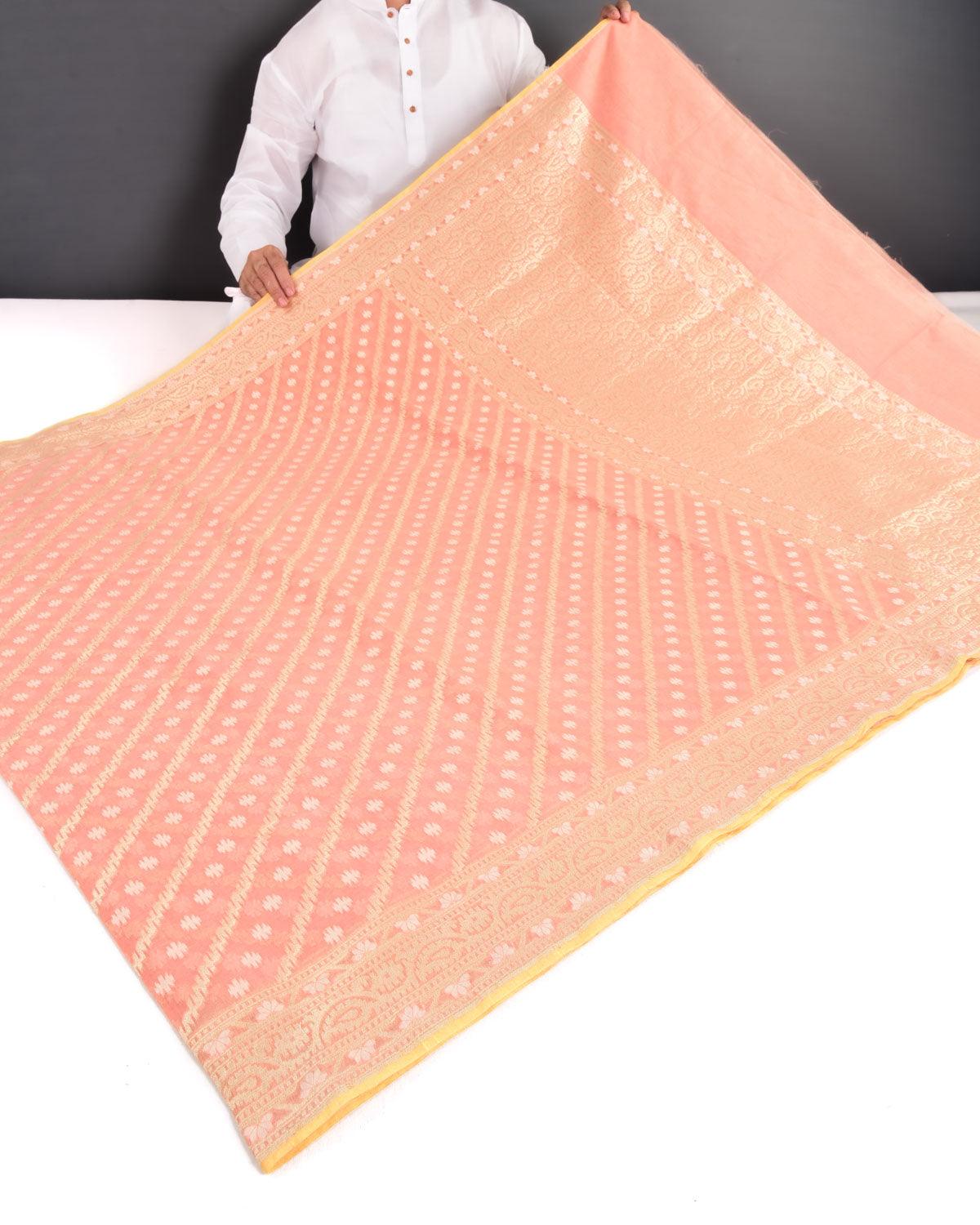 Peach Banarasi Gold Zari & White Resham Alfi Diagonal Cutwork Brocade Handwoven Cotton Silk Saree - By HolyWeaves, Benares