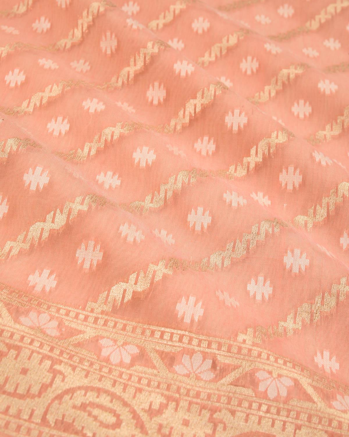 Peach Banarasi Gold Zari & White Resham Alfi Diagonal Cutwork Brocade Handwoven Cotton Silk Saree - By HolyWeaves, Benares