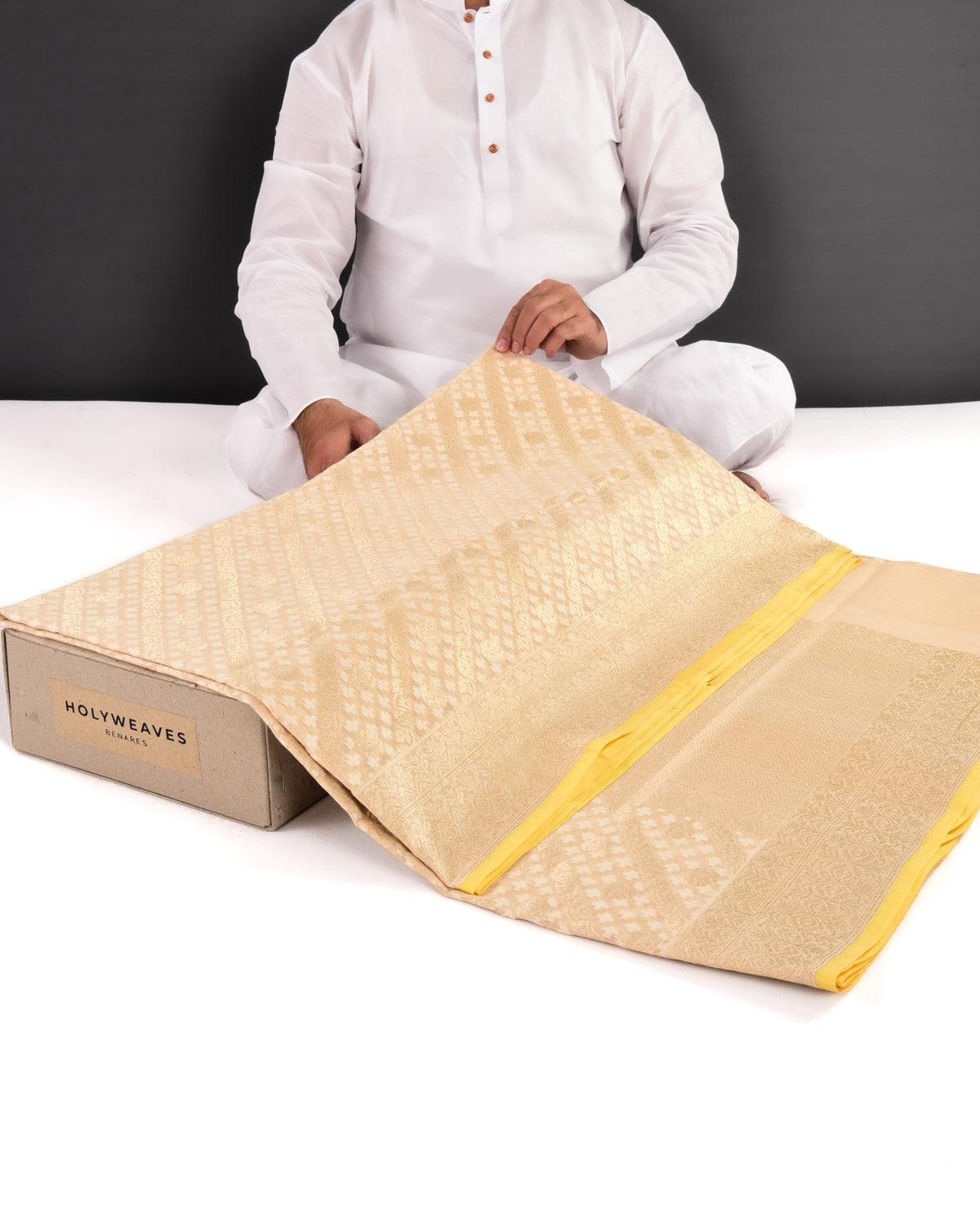 Beige Banarasi Gold Zari & White Resham Alfi Diagonal Cutwork Brocade Handwoven Cotton Silk Saree - By HolyWeaves, Benares